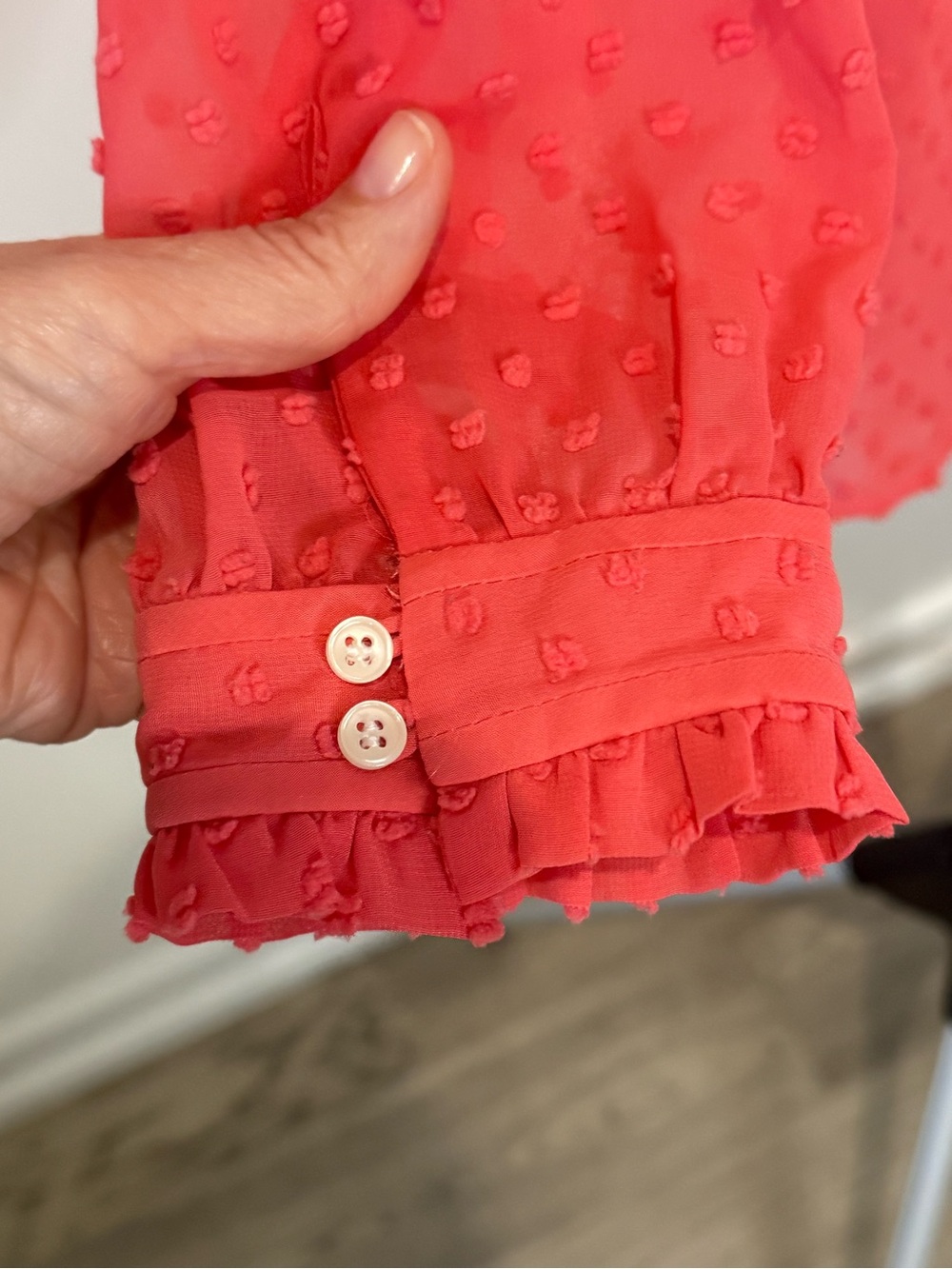J.Crew Women’s Size 00 Coral Swiss Dot Ruffle High Neck Blouse - Picture 6 of 11